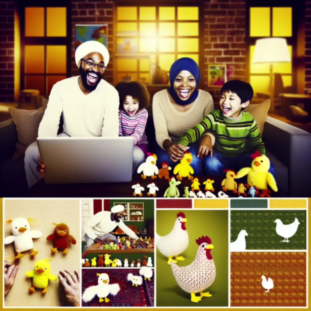 Familia comprando juguetes de gallinas y pollitos en línea