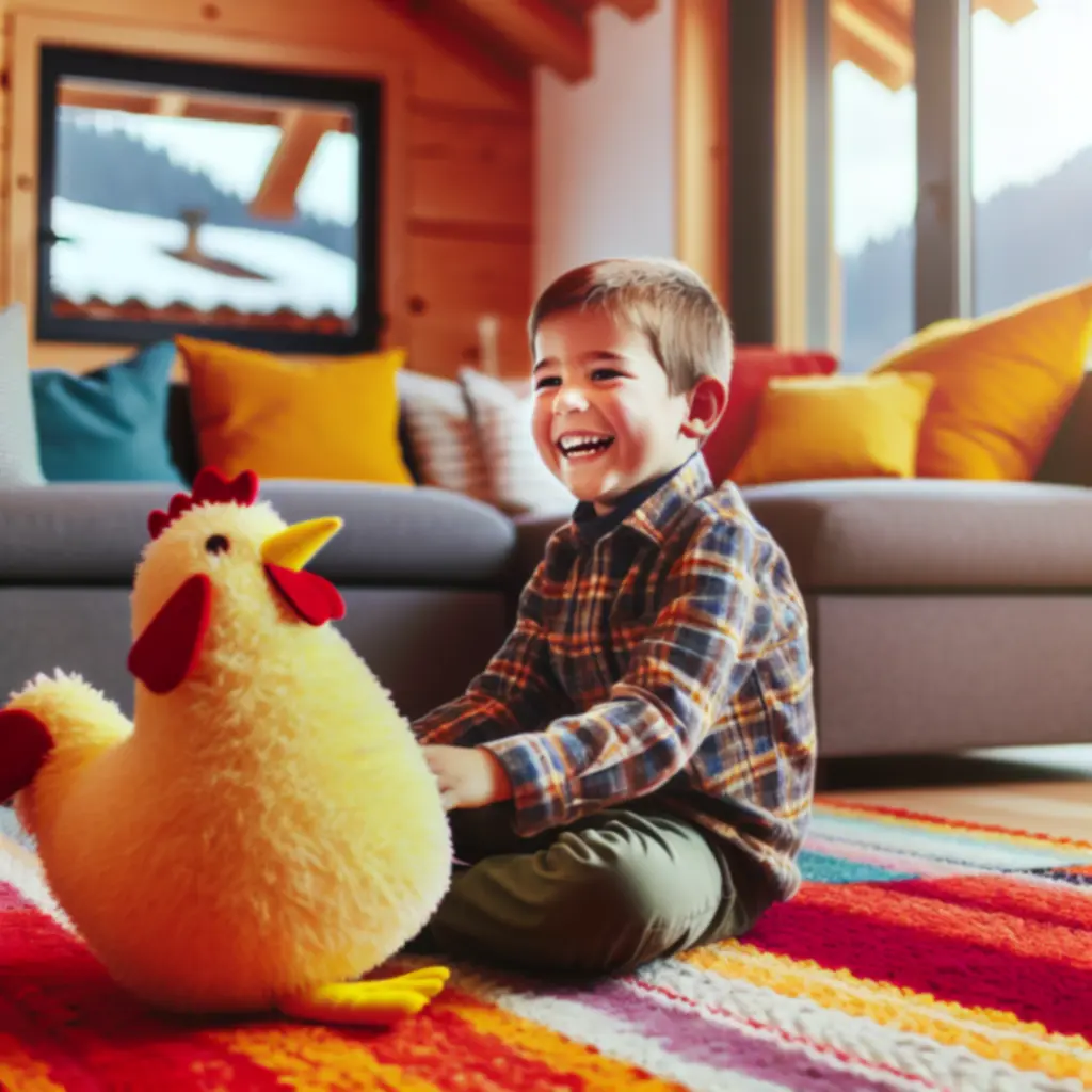 Niña jugando con un peluche de gallina
