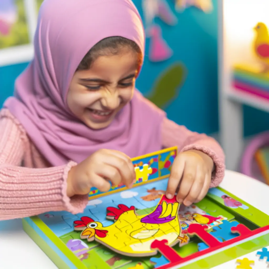 Niños jugando con juguetes educativos de pollitos en una mesa