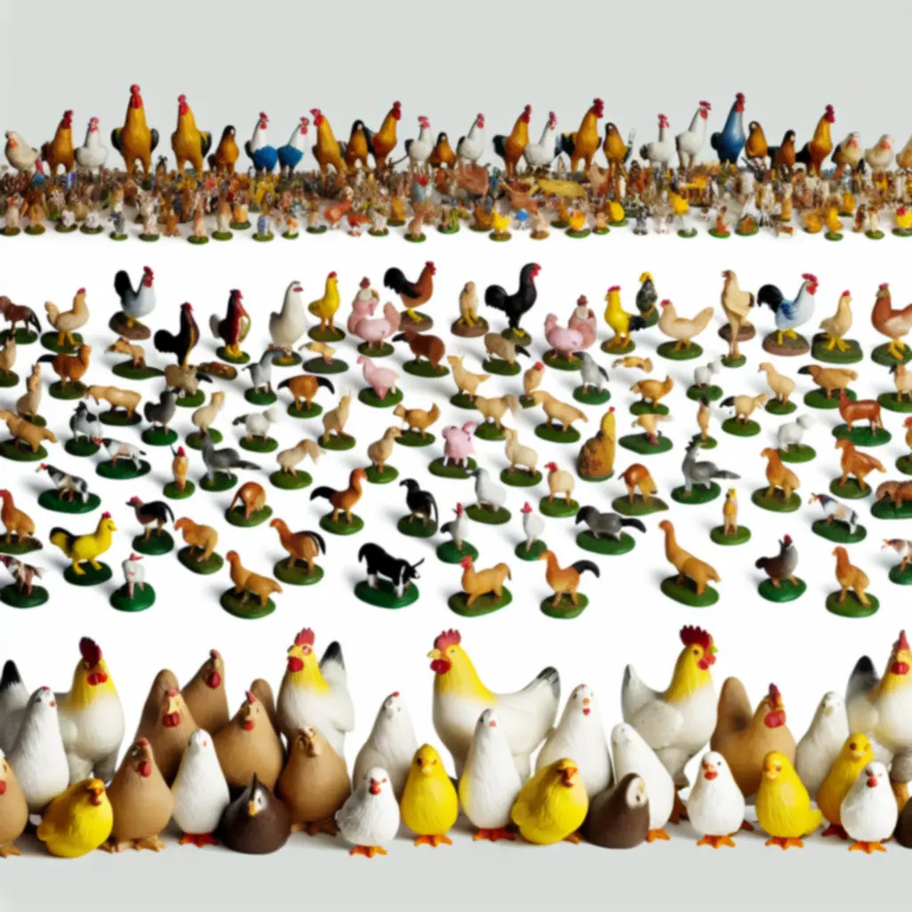 Figuras de gallinas, pollitos y animales de granja organizadas por categorías