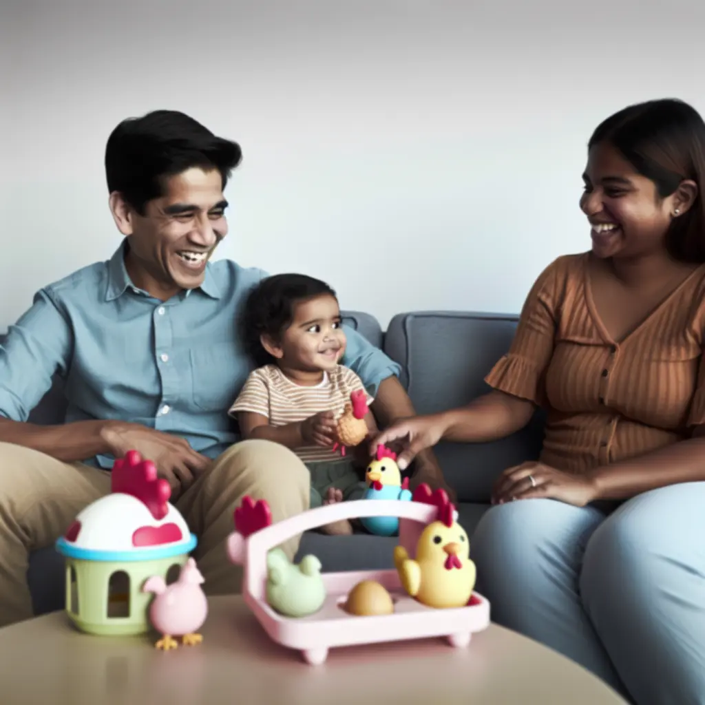 Padres felices revisando juguetes de pollitos con sus hijos