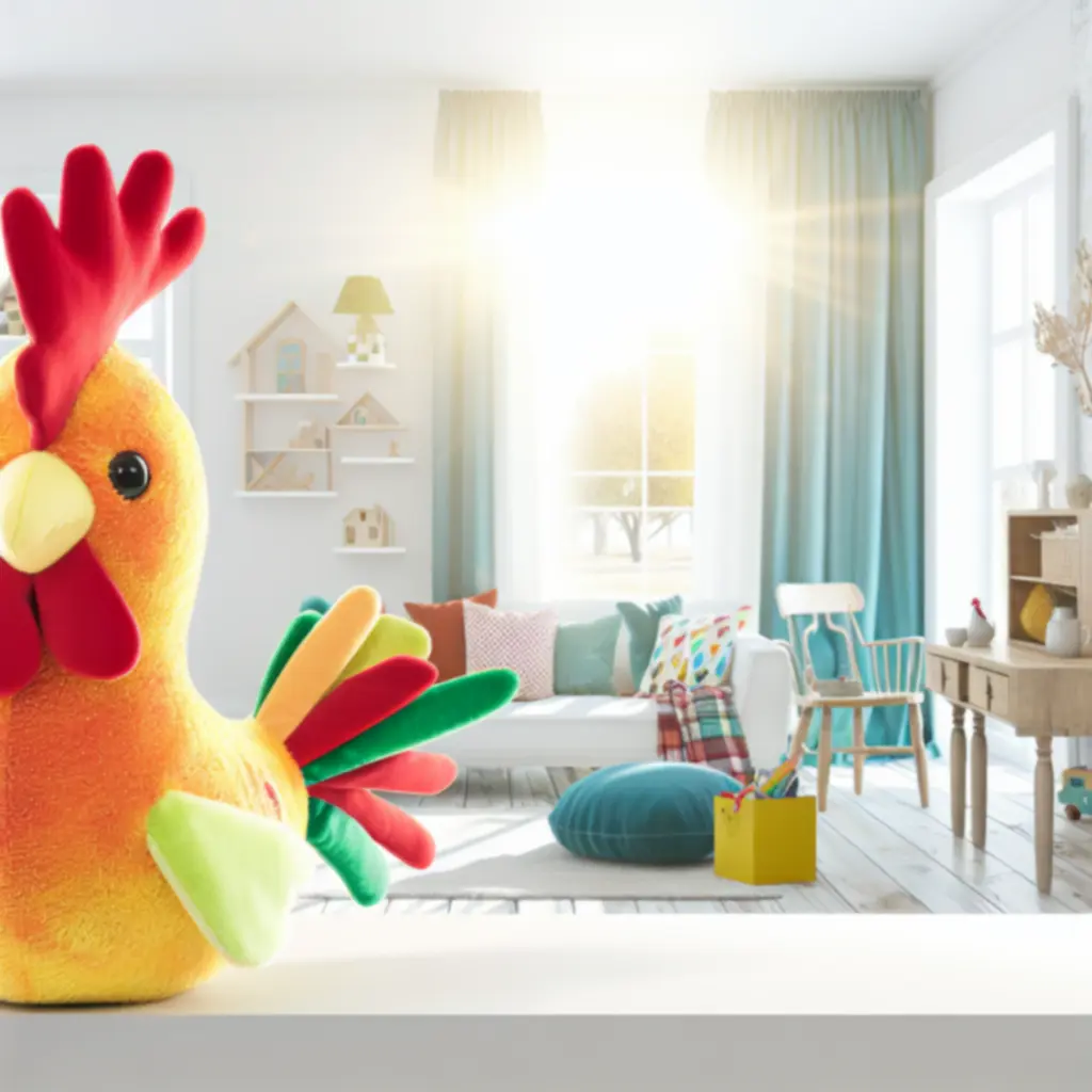 Peluches de pollitos y gallinas coloridos sobre una mesa de juego infantil