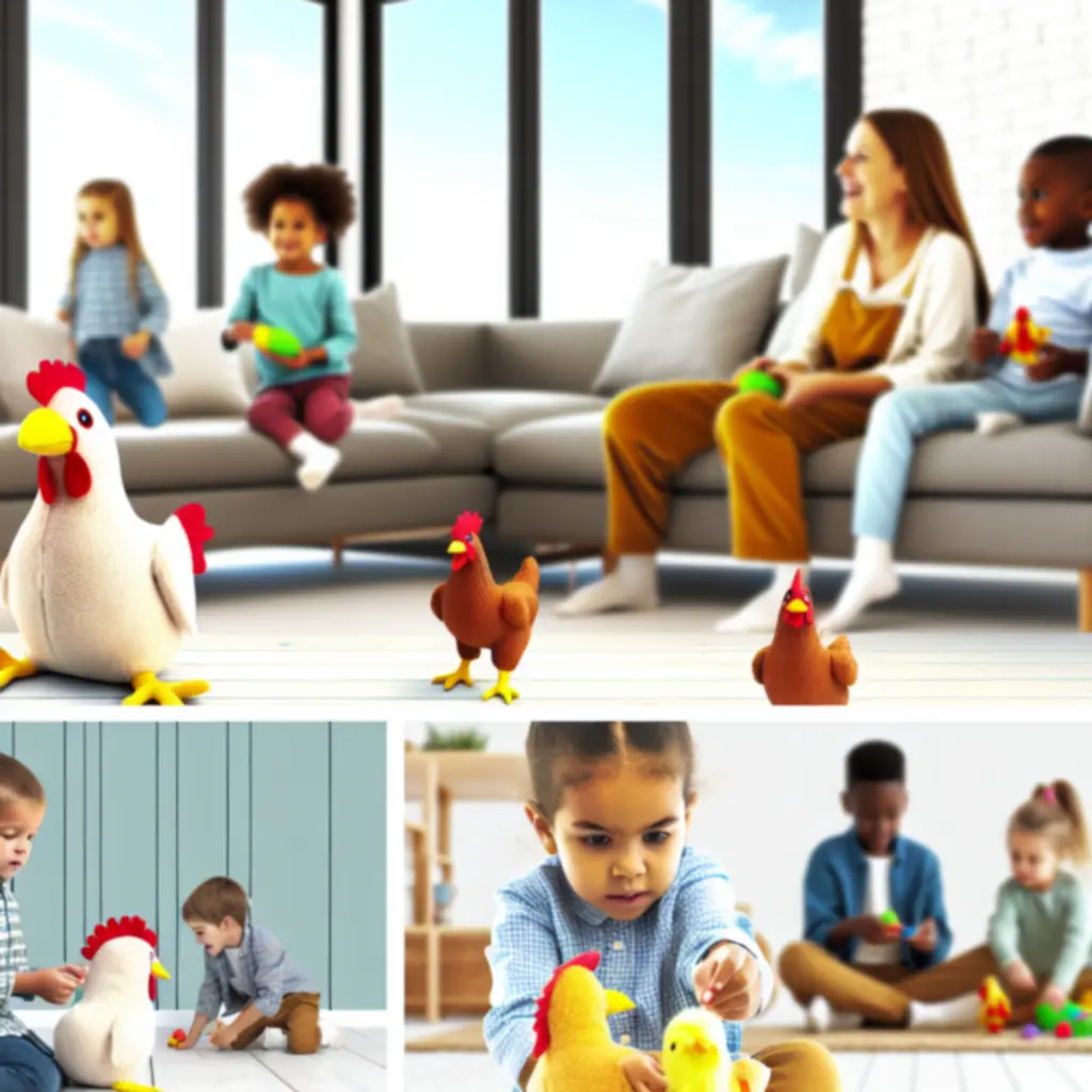 Niños jugando con juguetes de pollitos y gallinas