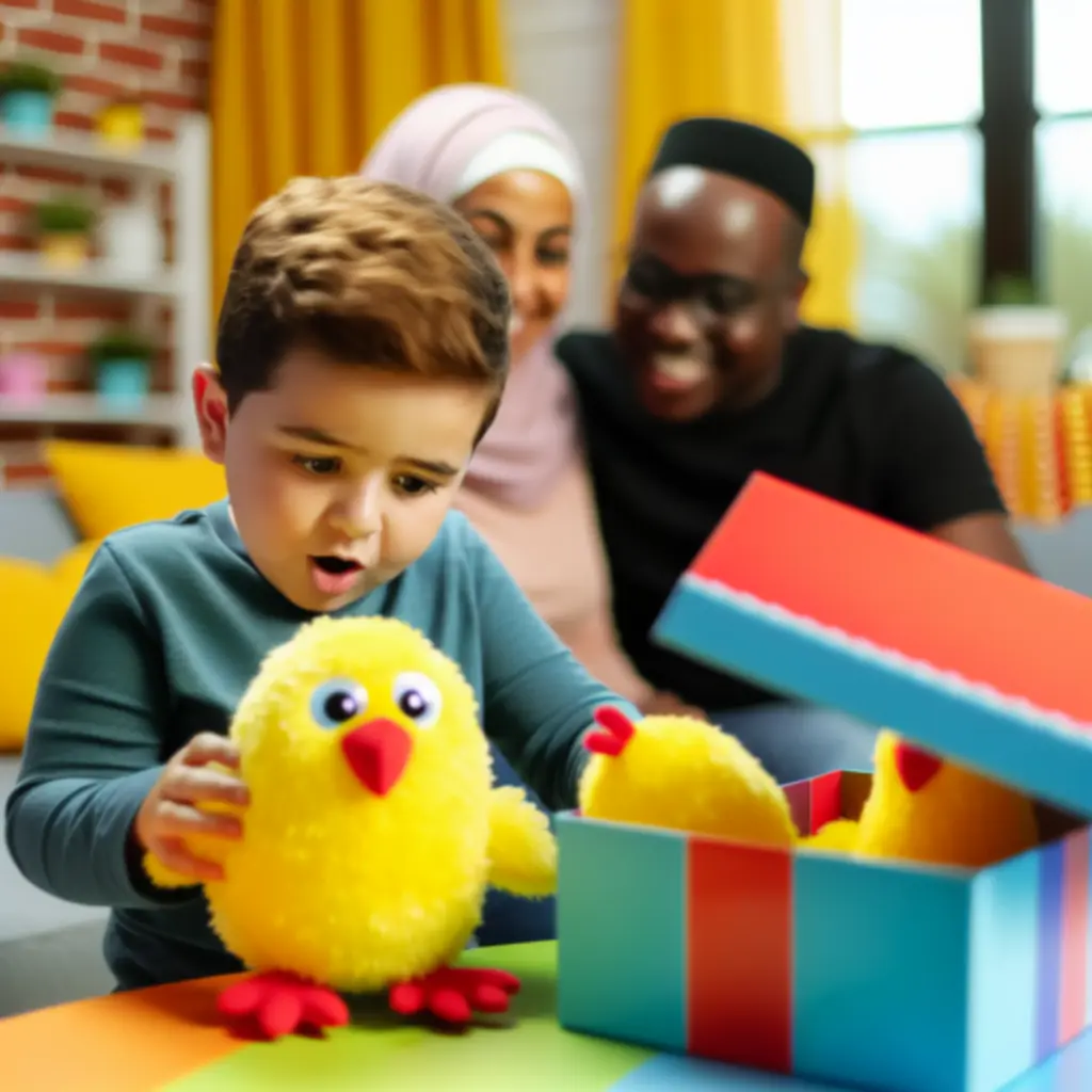 Niños abriendo una caja con juguetes de pollitos