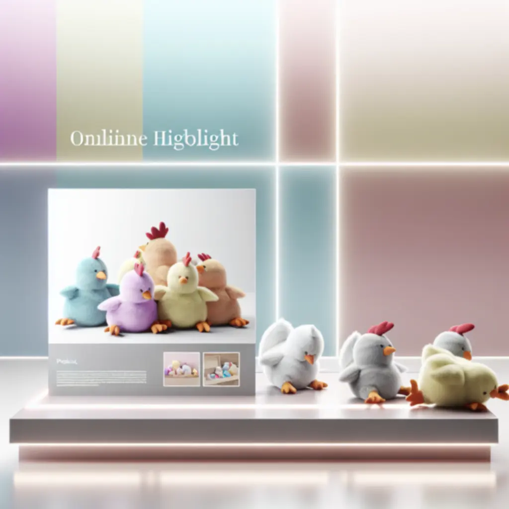 Nuevos peluches de pollitos y gallinas expuestos en un entorno infantil