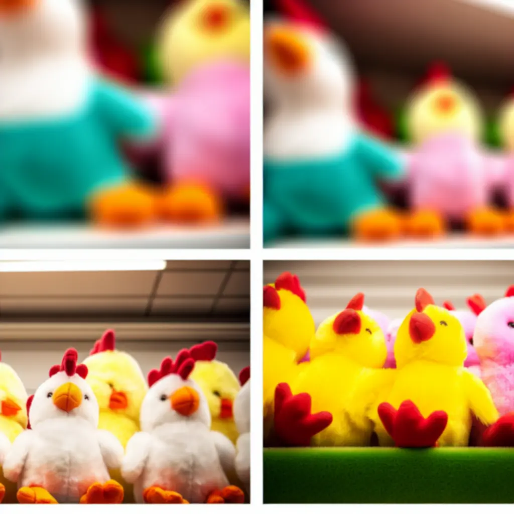 Selección de peluches de gallinas y pollitos de colores