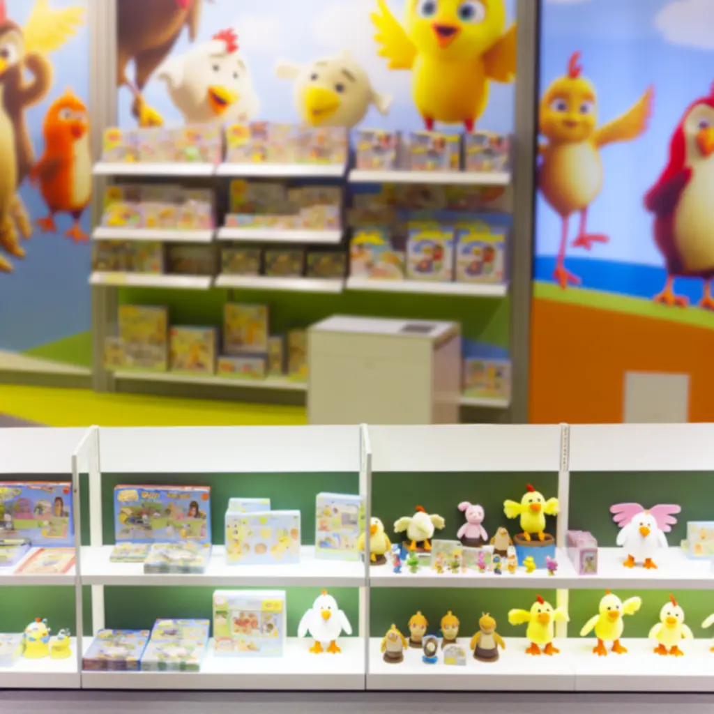 Selección de juguetes de pollos y pollitos más vendidos sobre una superficie colorida